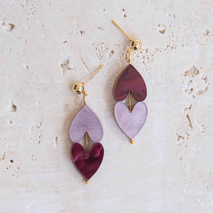 Queen of Hearts Drop Earrings in Merlot Red & Lilac Marble