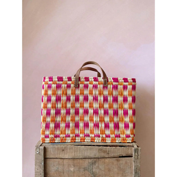 Chequered Reed Basket, Pink + Orange