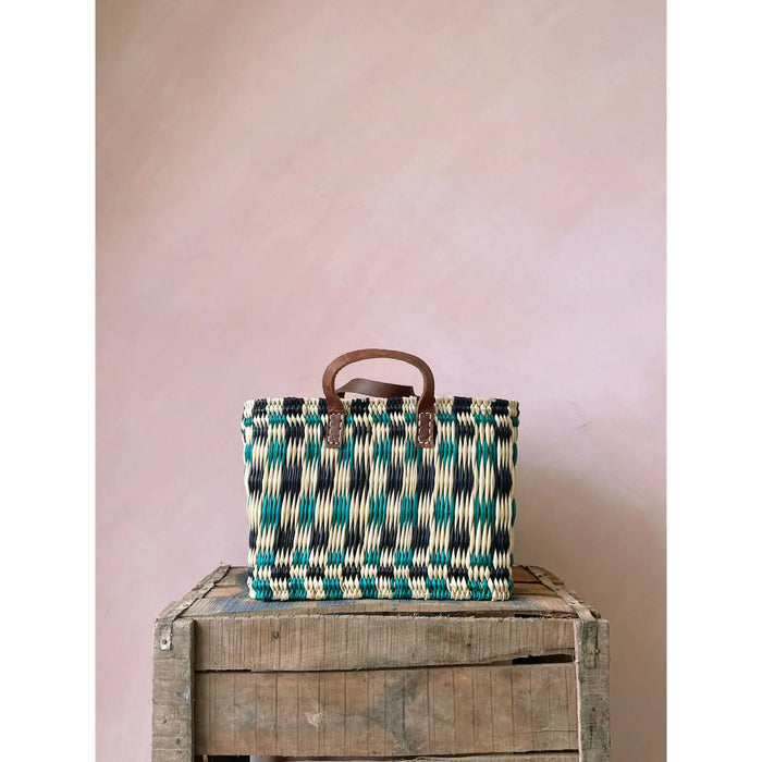 Chequered Reed Basket, Indigo + Green