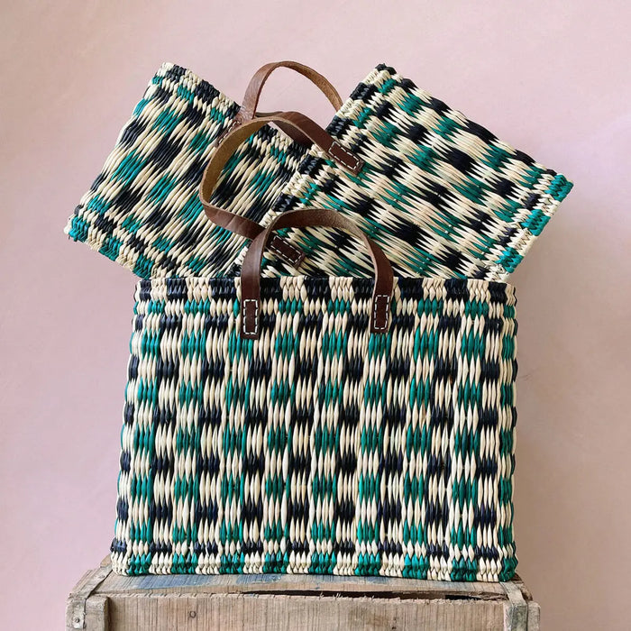 Chequered Reed Basket, Indigo + Green