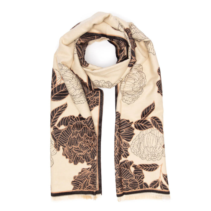 Winter Scarf - Black & Ivory Peonies