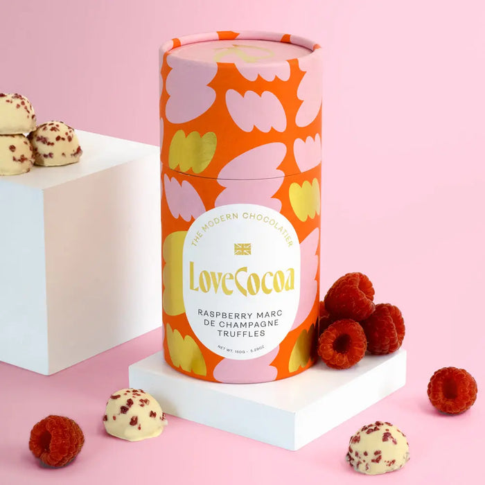 Love cocoa raspberry Marc de champagne white chocolate truffles