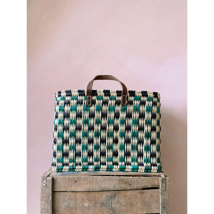 Chequered Reed Basket, Indigo + Green