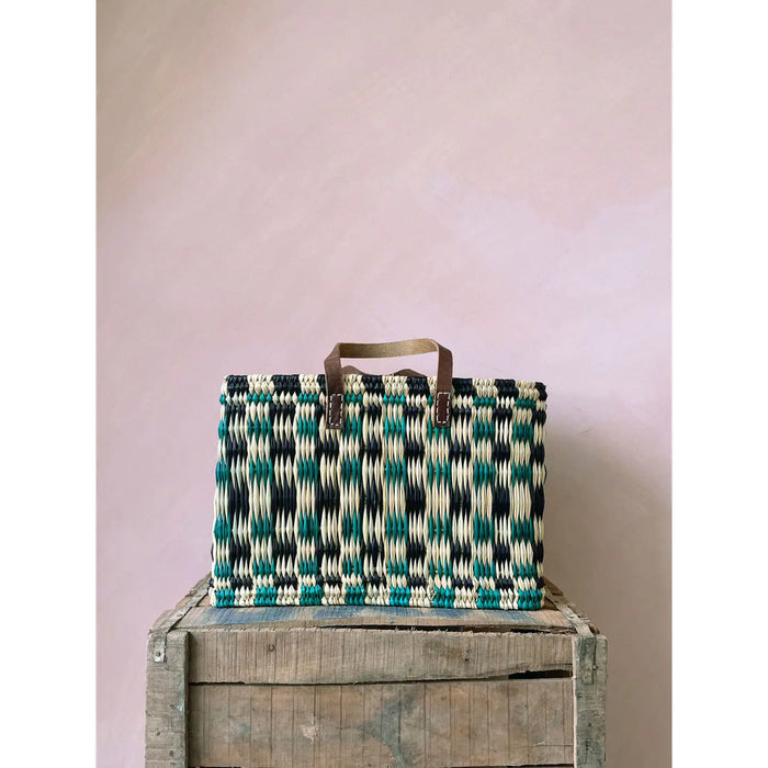 Chequered Reed Basket, Indigo + Green