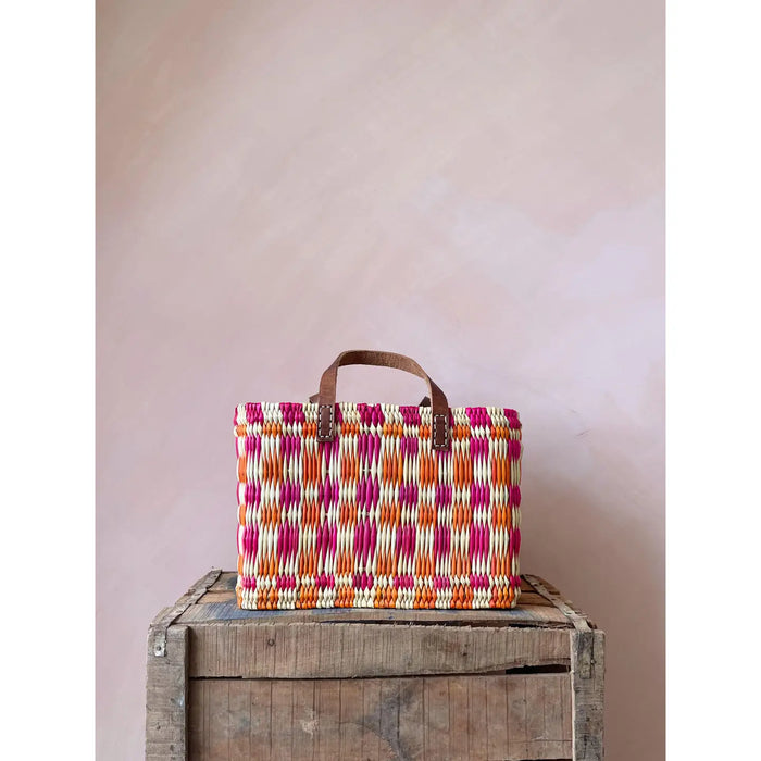 Chequered Reed Basket, Pink + Orange