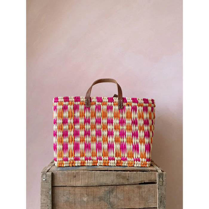 Chequered Reed Basket, Pink + Orange