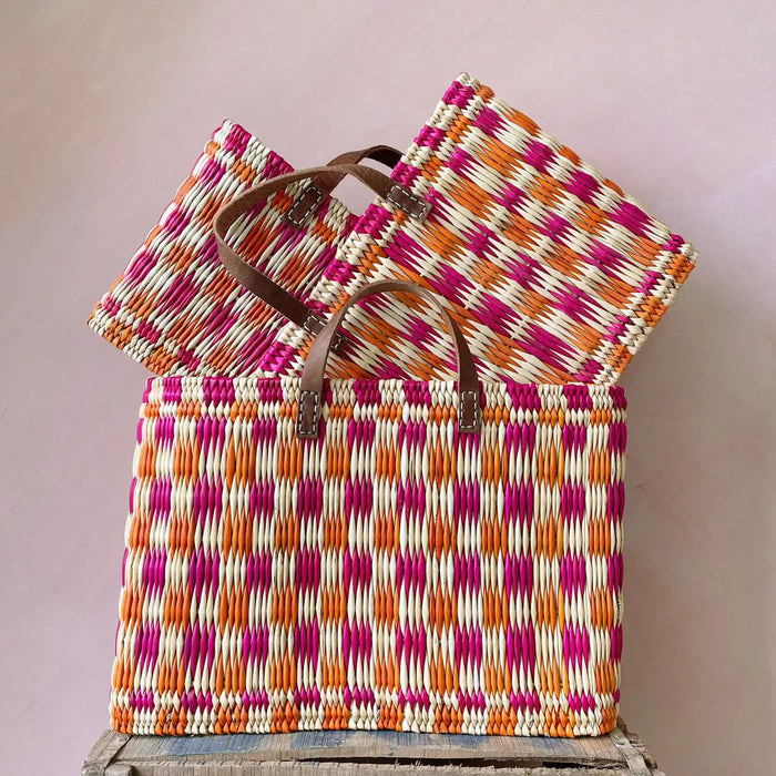 Chequered Reed Basket, Pink + Orange